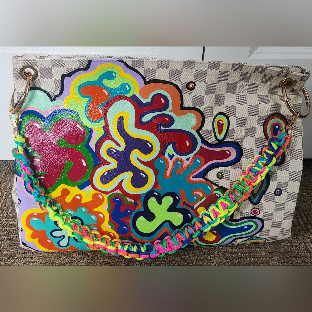 Colorful Custom Painted Designer Inspired Handbag w/ Custom Neon Paracord Strap